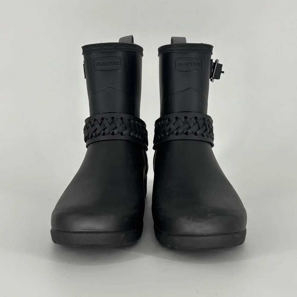 Hunter Refined Biker Rain Boots Woven Strap Black Women Size 9 Rubber Lug Sole
